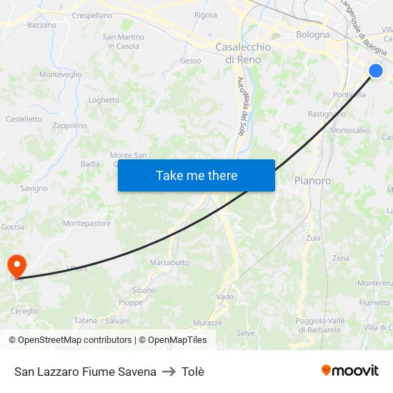 San Lazzaro Fiume Savena to Tolè map