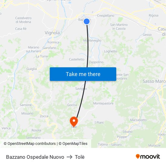Bazzano Ospedale Nuovo to Tolè map