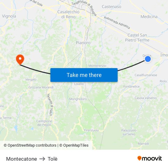 Montecatone to Tolè map