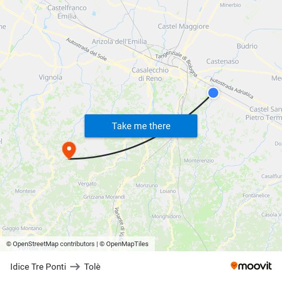 Idice Tre Ponti to Tolè map