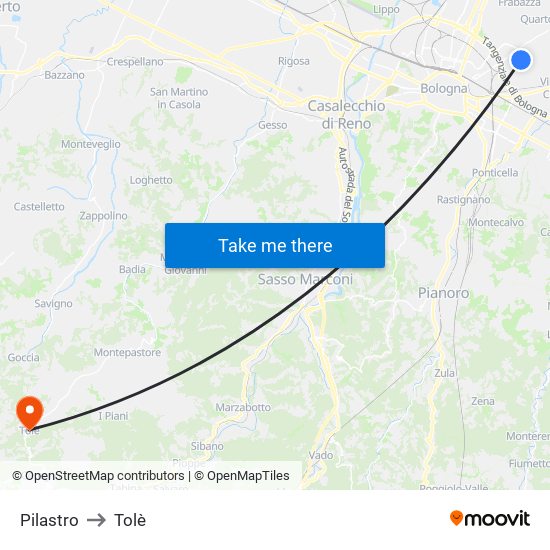 Pilastro to Tolè map