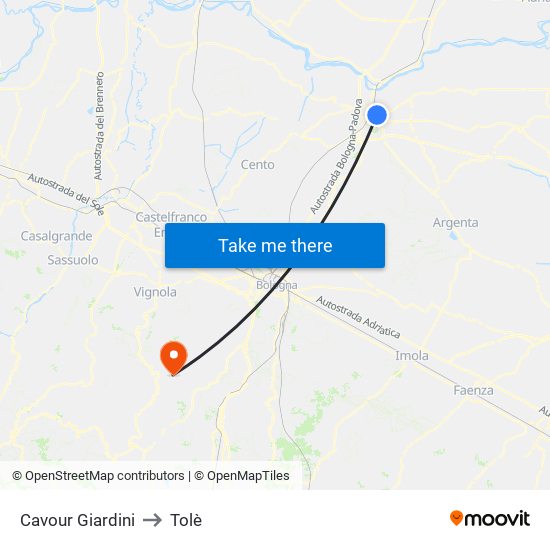Cavour Giardini to Tolè map