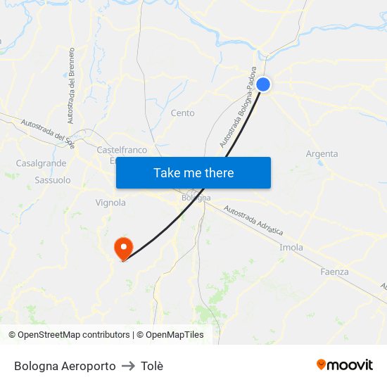 Bologna Aeroporto to Tolè map