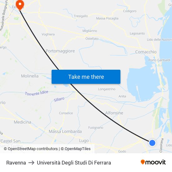 Ravenna to Università Degli Studi Di Ferrara map