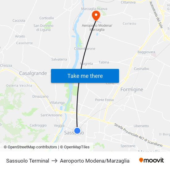 Sassuolo Terminal to Aeroporto Modena/Marzaglia map