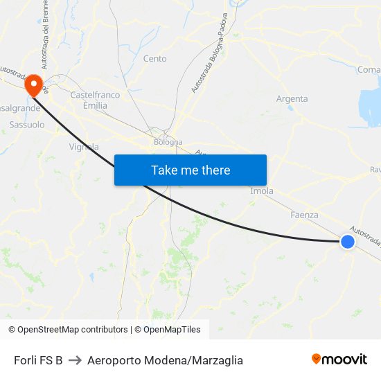 Forli FS B to Aeroporto Modena/Marzaglia map