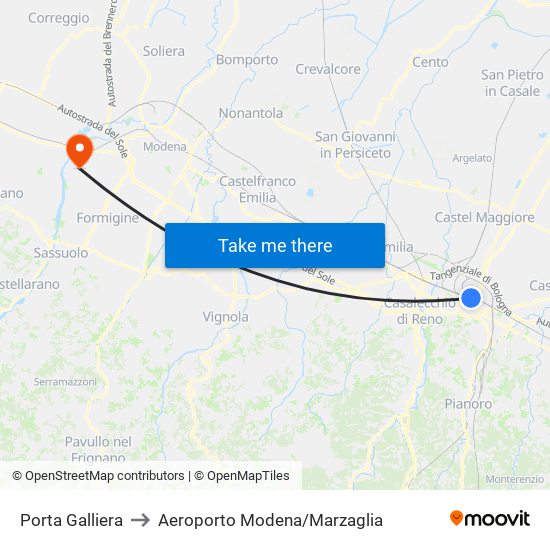 Porta Galliera to Aeroporto Modena/Marzaglia map