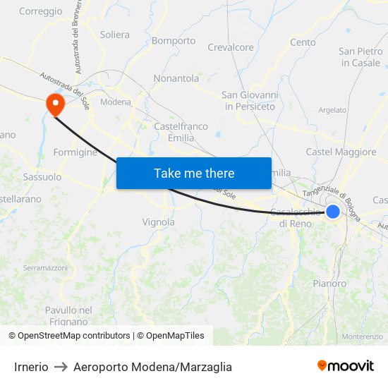 Irnerio to Aeroporto Modena/Marzaglia map