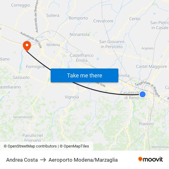 Andrea Costa to Aeroporto Modena/Marzaglia map