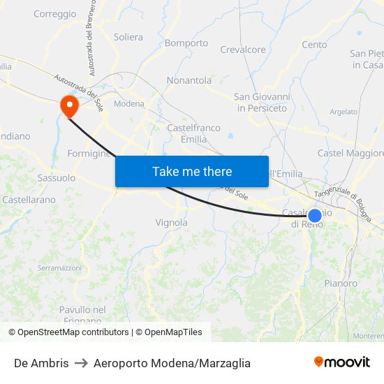 De Ambris to Aeroporto Modena/Marzaglia map