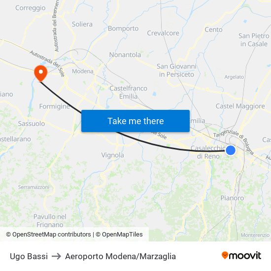 Ugo Bassi to Aeroporto Modena/Marzaglia map