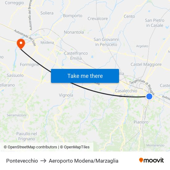 Pontevecchio to Aeroporto Modena/Marzaglia map