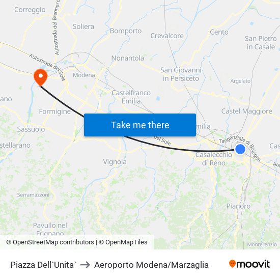 Piazza Dell`Unita` to Aeroporto Modena/Marzaglia map