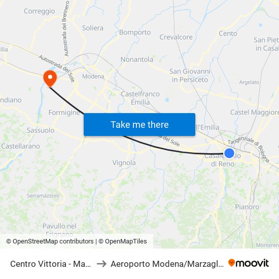 Centro Vittoria - Mast to Aeroporto Modena/Marzaglia map