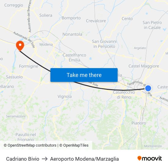 Cadriano Bivio to Aeroporto Modena/Marzaglia map