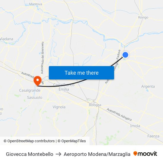 Giovecca Montebello to Aeroporto Modena/Marzaglia map