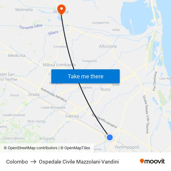 Colombo to Ospedale Civile Mazzolani-Vandini map