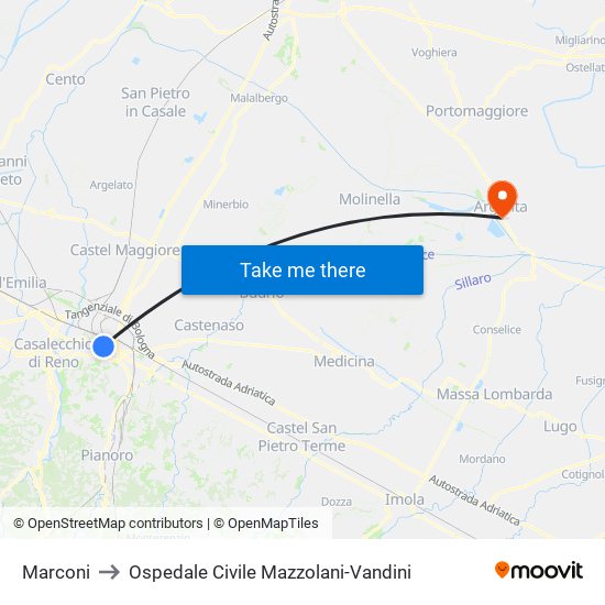 Marconi to Ospedale Civile Mazzolani-Vandini map