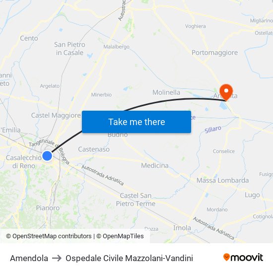 Amendola to Ospedale Civile Mazzolani-Vandini map