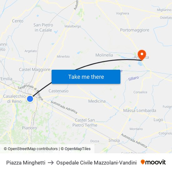 Piazza Minghetti to Ospedale Civile Mazzolani-Vandini map