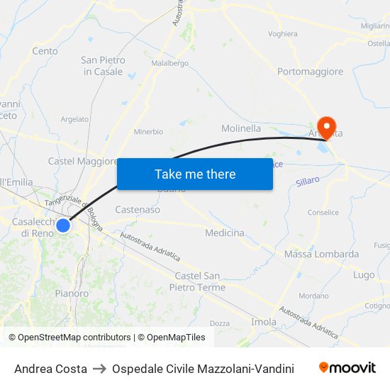 Andrea Costa to Ospedale Civile Mazzolani-Vandini map