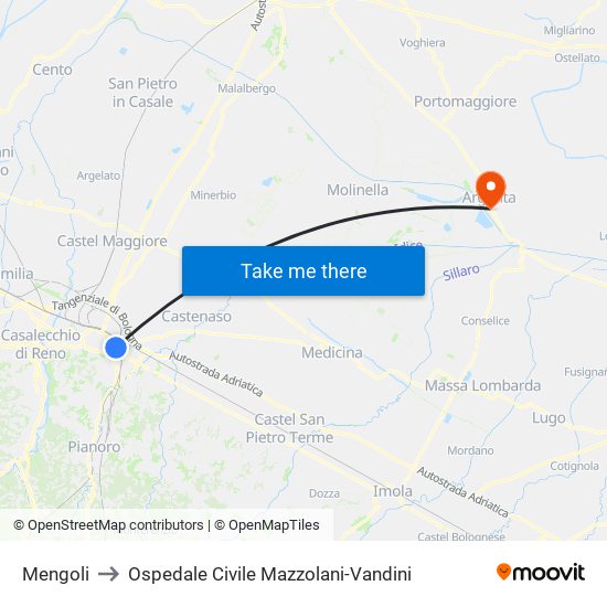 Mengoli to Ospedale Civile Mazzolani-Vandini map