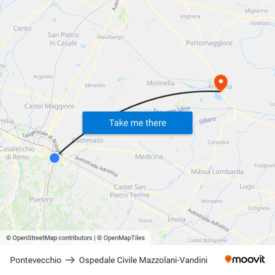 Pontevecchio to Ospedale Civile Mazzolani-Vandini map