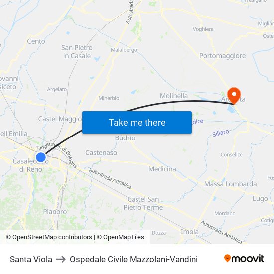 Santa Viola to Ospedale Civile Mazzolani-Vandini map