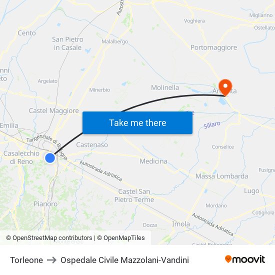 Torleone to Ospedale Civile Mazzolani-Vandini map