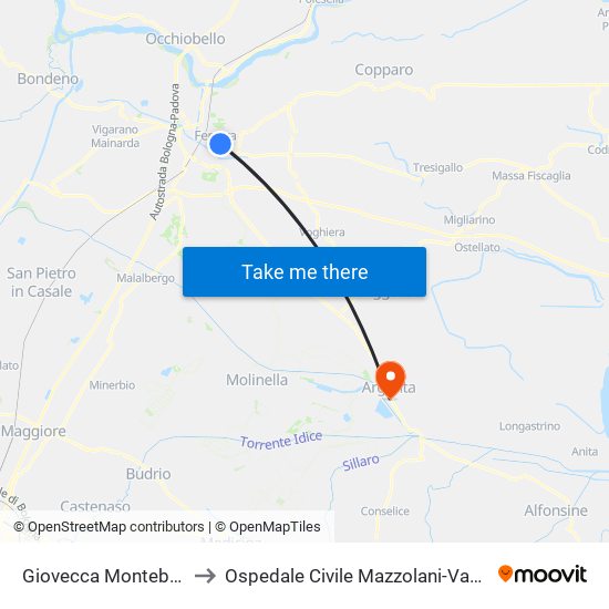 Giovecca Montebello to Ospedale Civile Mazzolani-Vandini map
