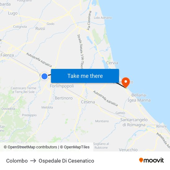 Colombo to Ospedale Di Cesenatico map