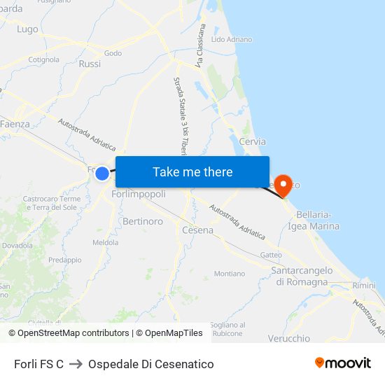 Forli FS C to Ospedale Di Cesenatico map
