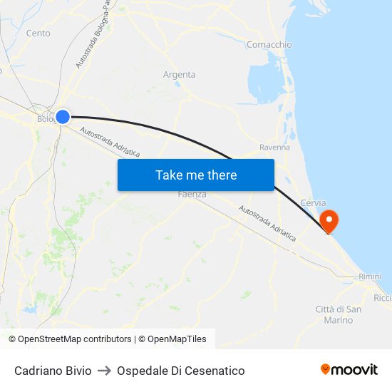 Cadriano Bivio to Ospedale Di Cesenatico map