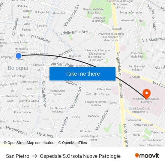 San Pietro to Ospedale S.Orsola Nuove Patologie map