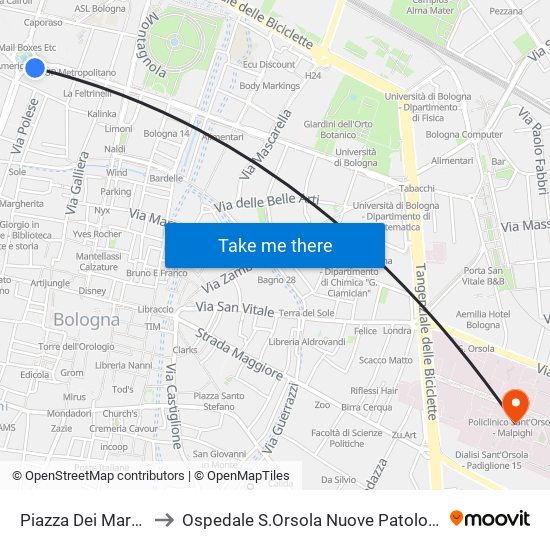 Piazza Dei Martiri to Ospedale S.Orsola Nuove Patologie map