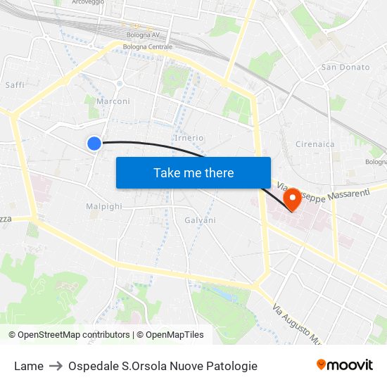 Lame to Ospedale S.Orsola Nuove Patologie map