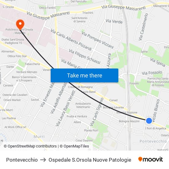 Pontevecchio to Ospedale S.Orsola Nuove Patologie map