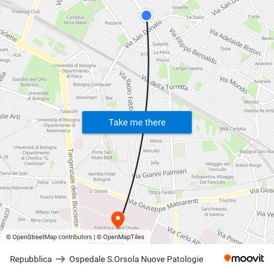 Repubblica to Ospedale S.Orsola Nuove Patologie map