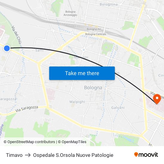 Timavo to Ospedale S.Orsola Nuove Patologie map