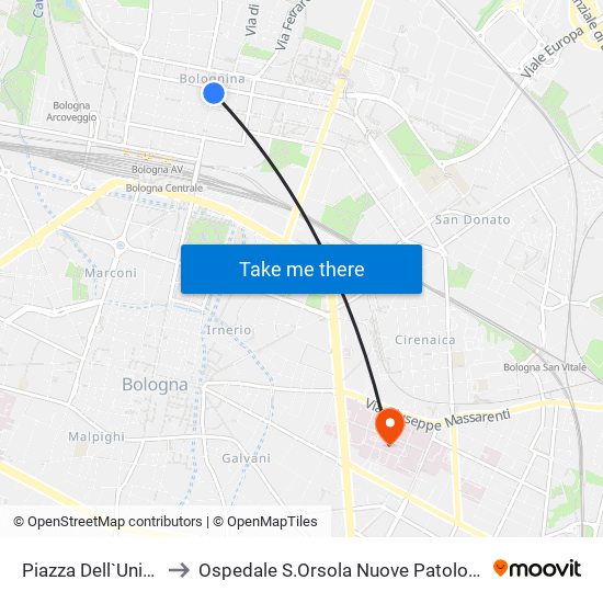 Piazza Dell`Unita` to Ospedale S.Orsola Nuove Patologie map