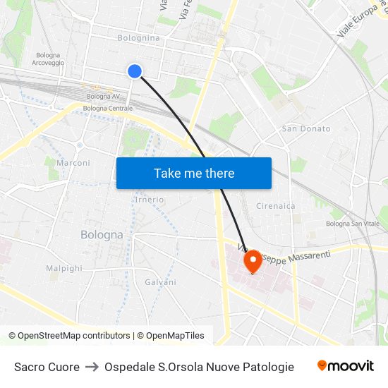 Sacro Cuore to Ospedale S.Orsola Nuove Patologie map