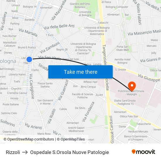 Rizzoli to Ospedale S.Orsola Nuove Patologie map