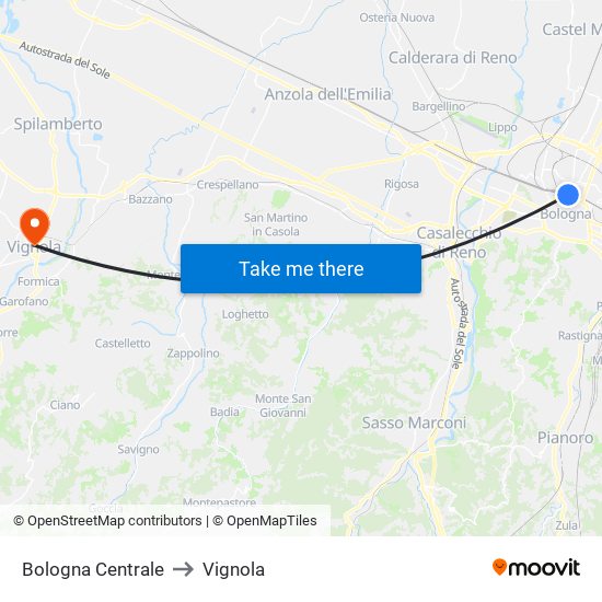 Bologna Centrale to Vignola map