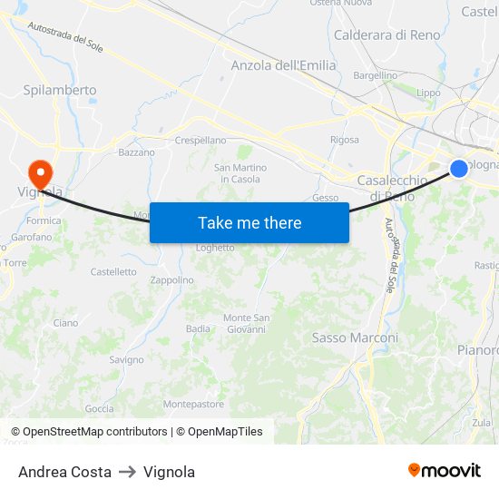 Andrea Costa to Vignola map