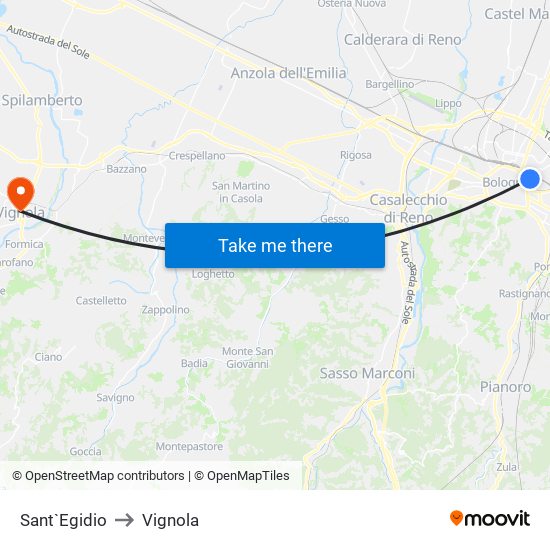 Sant`Egidio to Vignola map