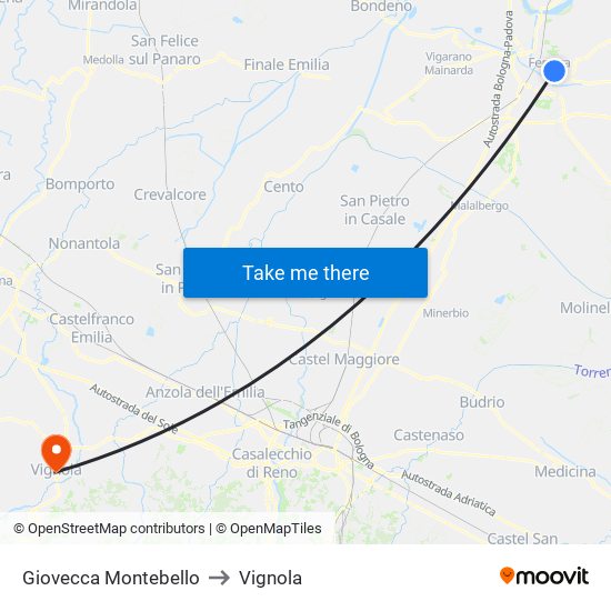 Giovecca Montebello to Vignola map