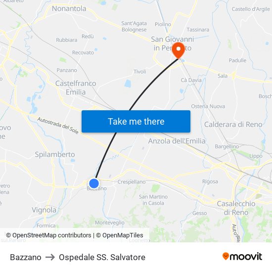 Bazzano to Ospedale SS. Salvatore map