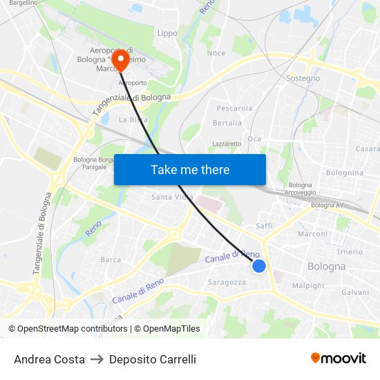 Andrea Costa to Deposito Carrelli map
