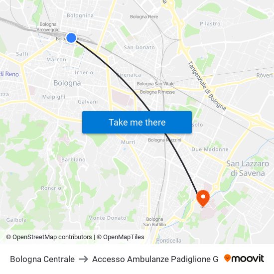 Bologna Centrale to Accesso Ambulanze Padiglione G map