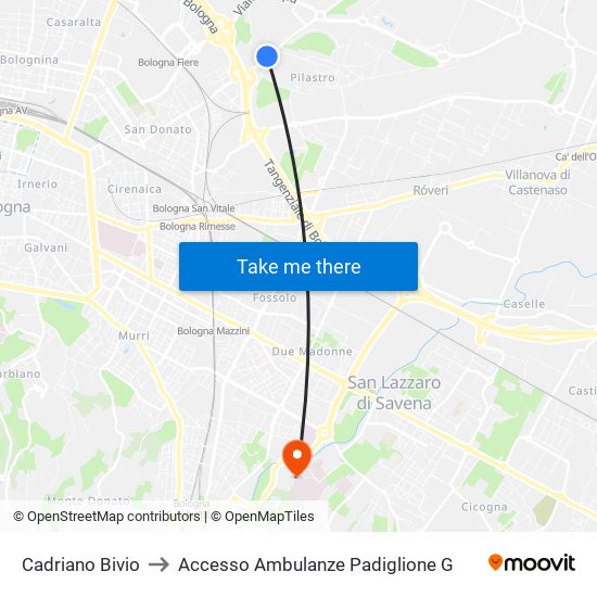 Cadriano Bivio to Accesso Ambulanze Padiglione G map
